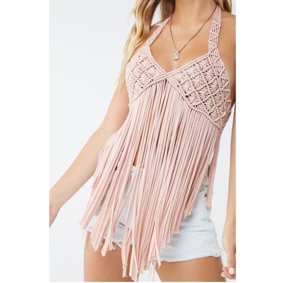 Forever 21 Tops - Forever 21 Pink Festival Macrame Fringe Halter Top Size M